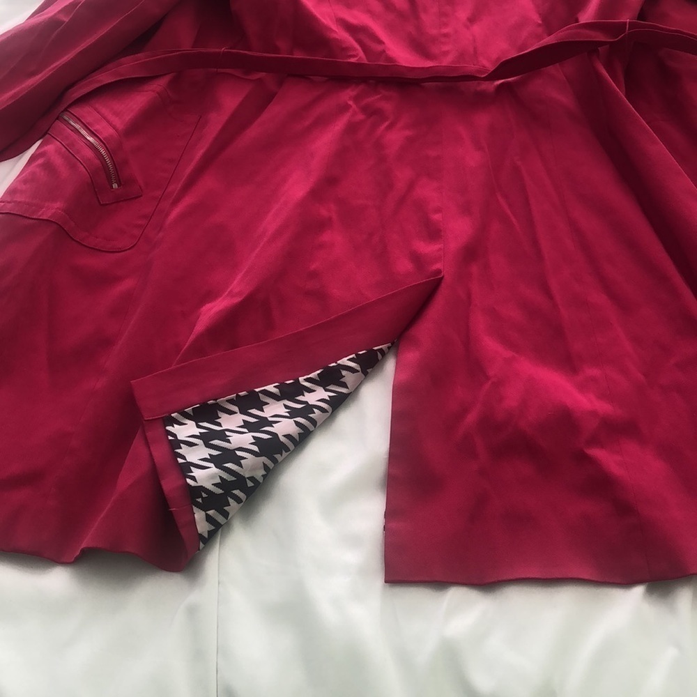Bandolino Stretch rain trench coat in hot pink belt zipper pockets houndstooth - Picture 9 of 11